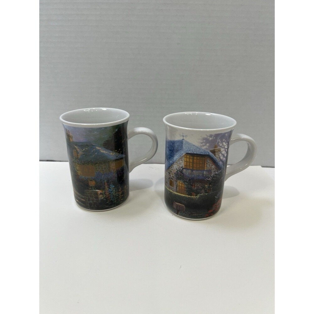 2 Thomas Kinkade Hollyhock House Lilac Cottage 2004 Mugs Coffee Ceramic